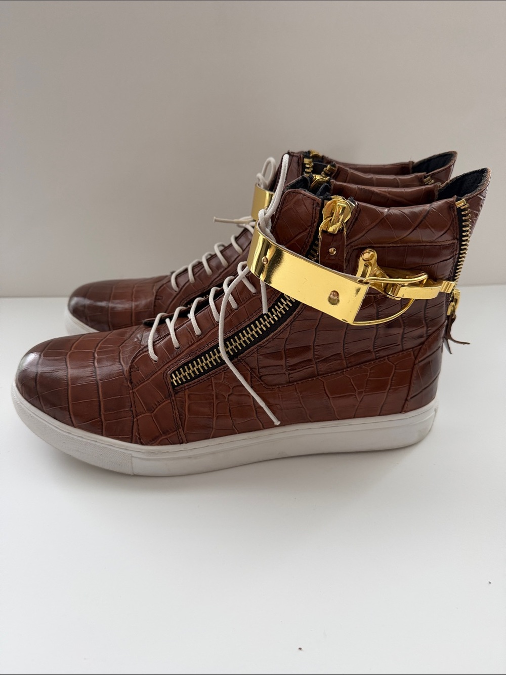 Brown Croc-Embossed High-Top Sneakers with Gold Accent - Picture 4 of 6